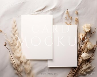 Maqueta de tarjeta doble 5x7, Maqueta de tarjetas de invitación boho minimalista, Maqueta de tarjeta de felicitación, Objeto inteligente PSD + JPG y PNG, Maqueta de tarjeta mínima