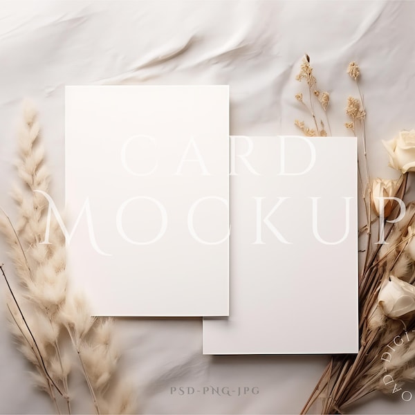 Double Card Mockup 5x7, Minimalist Boho Invite Cards Mockup, Greeting Card Mockup, PSD smart object + JPG & PNG, Minimal Card Mockup