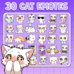 May include: A set of 30 cat emotes, each depicting a different expression or action. The emotes feature white cats with large eyes, holding items, and displaying emotions. The text "30 CAT EMOTES" is at the top, with the word "LURK" in the bottom left corner.
