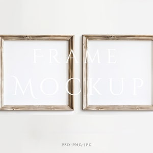 May include: Two rustic wooden picture frames with a white background. The frames are side by side and have a light brown wood finish. The text "FRAME MOCKUP" is written in white on the frames.