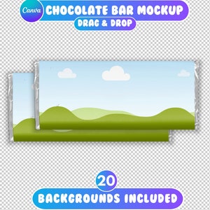 Pode incluir: Uma maquete de um embrulho de barra de chocolate com um design de colinas verdes e céu azul. O texto "DRAG & DROP" é visível na imagem. O texto "20 BACKGROUNDS INCLUDED" também é visível na imagem.