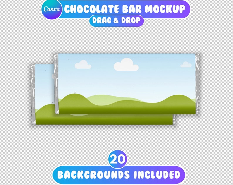 Pu&ograve; includere: Un mockup di un involucro di barretta di cioccolato con un design di colline verdi e cielo blu. Il testo "DRAG & DROP" &egrave; visibile nell'immagine. Il testo "20 BACKGROUNDS INCLUDED" &egrave; anche visibile nell'immagine.
