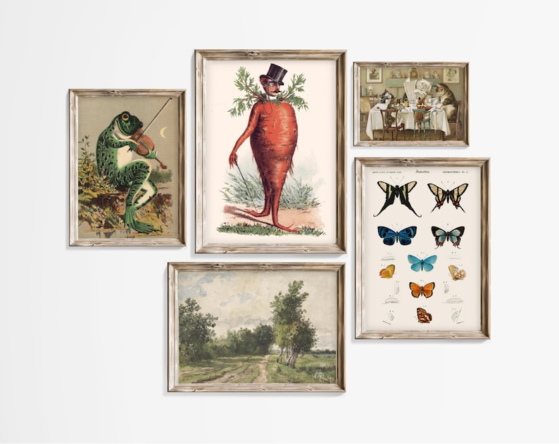 May include: Five framed vintage illustrations, each with a different subject. The top left image shows a green frog playing a violin. The top right image shows a red carrot with a top hat and a mustache. The bottom left image shows a landscape painting. The bottom right image shows a collection of butterflies. The center image shows a group of people sitting at a table.
