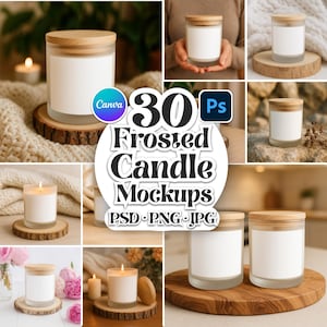 Puede incluir: Una colección de maquetas de velas esmeriladas con tapas de madera y etiquetas en blanco. La imagen muestra varias velas sobre rodajas de madera y una bandeja de madera, con el texto "30 Frosted Candle Mockups" y "PSD PNG JPG". Adecuado para presentaciones de diseño.