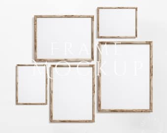 Mockup met 5 frames 3:4 | Rustiek framemodel | Antieke muurkunst mockup | Houten mockupframes | Vintage framemodel | Framemodel | PSD-PNG