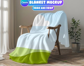 May include: A light blue and green striped blanket draped over a wooden chair. The blanket has a white cloud design on the top portion. The chair is in a room with a wooden floor and a white wall.