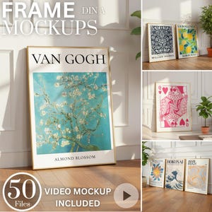 Könnte beinhalten: Eine Sammlung gerahmter Kunstdrucke, darunter ein Van Gogh "Almond Blossom" Druck, ein William Morris Design und ein "La Dolce Vita" Druck. Das Bild enthält auch einen rosa Herz-Königin-Spielkarten-Druck und andere Kunstdrucke. Der Text "FRAME MOCKUPS" steht oben.