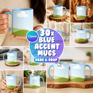 30x Canva Light Blue Accent Mug Mockup Bundle, Blue Color Handle Mockups, 11 oz Mug Mockup, Drag and Drop, Printify Mug Mockup