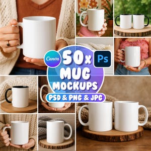 May include: A collection of white ceramic mugs in various settings. The image includes mugs with black interiors and mugs on wooden coasters. Text on the image reads "50x MUG MOCKUPS PSD & PNG & JPG".