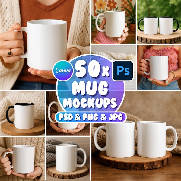 50x Tassen-Mockup-Bundle, PSD PNG JPG-Becher-Mockups, 11 Unzen und 15 Unzen Becher-Mockups, Becherverpackungs-Mockup, Smart-Objekt, Photoshop-Mockup, Weißer Becher-Mockup