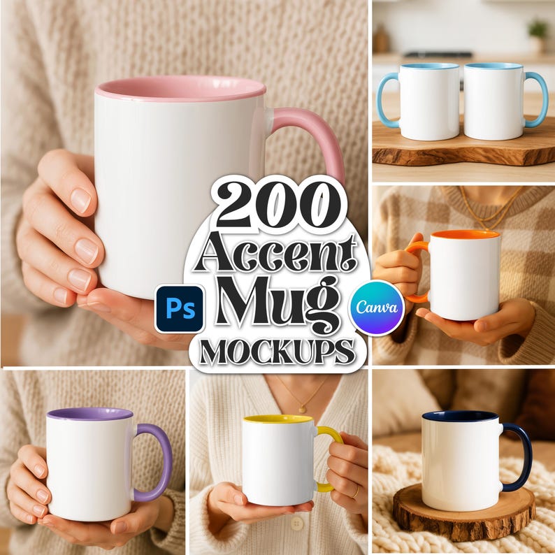 May include: A selection of white ceramic mugs with coloured interiors and handles. The mugs feature pink, blue, orange, purple, yellow, and navy blue accents. The image includes the text "200 Accent Mug Mockups".