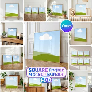 May include: A selection of square framed art mockups. Each frame displays a blue sky, white cloud, and green hills. The frames have a gold finish. The text "SQUARE FRAME MOCKUP BUNDLE (50x)" is visible.