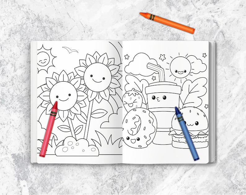 Op de afbeelding: Een zwart-wit kleurboek met een verscheidenheid aan schattige personages, waaronder zonnebloemen, een donut, een glas sap, een hamburger en een zon. Het boek is open op een pagina met een zonnebloem, een donut, een glas sap en een hamburger.