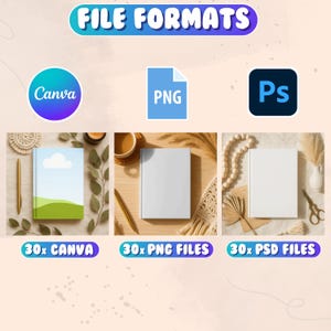 May include: An image showcasing three file format options: Canva, PNG, and PSD. Each format is represented by a logo and a corresponding notebook mockup. The text "FILE FORMATS" is at the top, with the number "30x" preceding each file type.