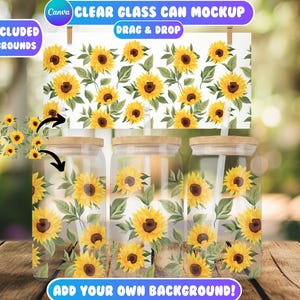 May include: Three clear glass can mockups with a sunflower pattern. The cans have wooden lids and are filled with a white liquid. The background is a white surface with a sunflower pattern.