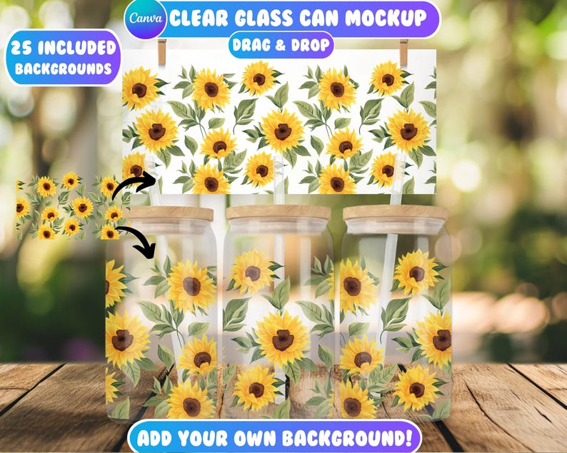 May include: Three clear glass can mockups with a sunflower pattern. The cans have wooden lids and are filled with a white liquid. The background is a white surface with a sunflower pattern.
