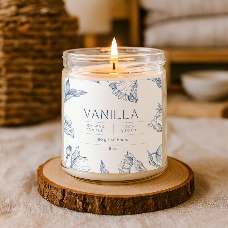 May include: A lit vanilla-scented soy wax candle in a clear glass jar, resting on a wooden coaster. The label features blue floral illustrations and text that reads "VANILLA", "100% VEGAN", and "8 oz".