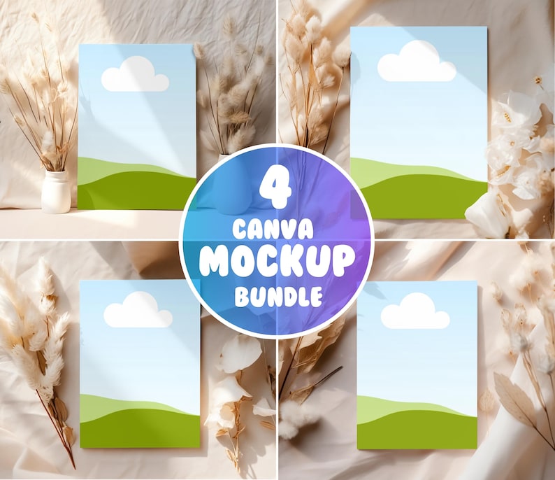 May include: Four blank canvas mockups with a light blue background, green grass, and a white cloud. The mockups are arranged in a grid pattern on a beige background with dried flowers and plants.