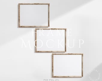 3 Landscape Frame Mockup 3:4 | Light Wood Frame Mockup | Antique Frame Mockup | Horizontal Frame | Vintage Wall Art Mockup | Wood Frame Mock