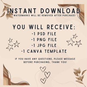 Op de afbeelding: Een digitale downloadafbeelding met de tekst "INSTANT DOWNLOAD" en "U ONTVANGT: -1 PSD-BESTAND -1 PNG-BESTAND -1 JPG-BESTAND -1 CANVA-SJABLOON". De achtergrond is licht perzik van kleur met decoratieve blad- en ster elementen.