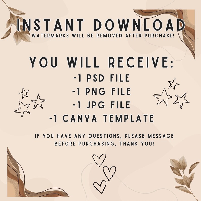 Op de afbeelding: Een digitale downloadafbeelding met de tekst "INSTANT DOWNLOAD" en "U ONTVANGT: -1 PSD-BESTAND -1 PNG-BESTAND -1 JPG-BESTAND -1 CANVA-SJABLOON". De achtergrond is licht perzik van kleur met decoratieve blad- en ster elementen.