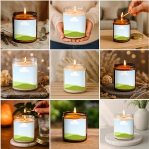 May include: A collection of lit candles in glass jars with a label featuring a blue sky, white cloud, and green hills design. The candles are in various settings, some with natural elements like flowers and wood, and some being lit with a match.