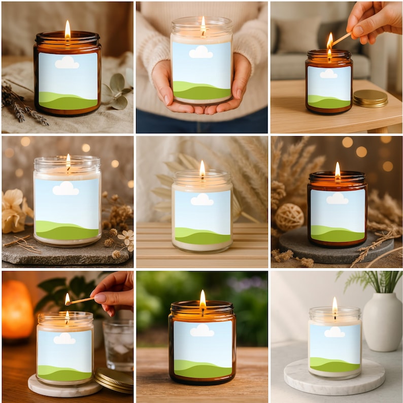 May include: A collection of lit candles in glass jars with a label featuring a blue sky, white cloud, and green hills design. The candles are in various settings, some with natural elements like flowers and wood, and some being lit with a match.