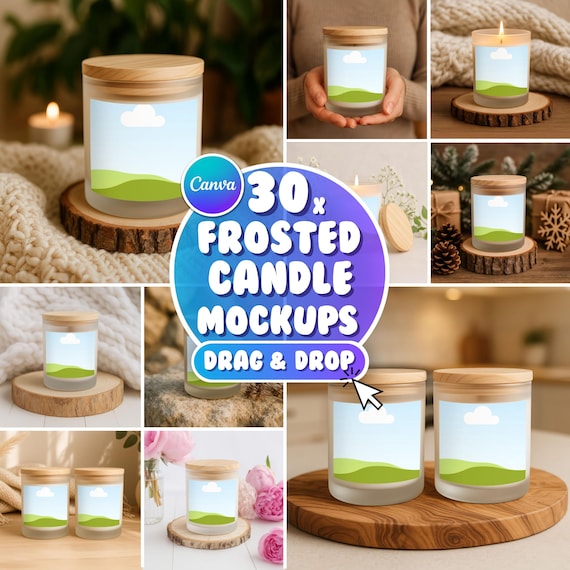 Frosted Glass Candle Mockup Bundle: Canva & Printify Templates (Digital Download