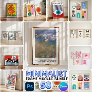 Puede incluir: Una colección de impresiones artísticas enmarcadas, que incluyen una figura al estilo de Keith Haring, diseños abstractos y una pintura de nenúfares de Monet. La imagen también presenta carteles de Bauhaus y un anuncio de paquete.