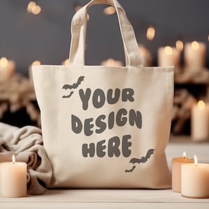 Tote Bag Mockup, Natural Canvas Tote Bag Mockup, Pumpkin Tote Bag Mockup, Halloween Tote Bag Mockup, Shopping Bag Mockup, Canva Bag Mockup