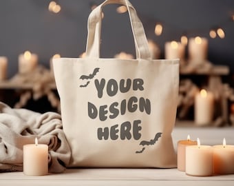 Tote Bag Mockup, Natural Canvas Tote Bag Mockup, Pumpkin Tote Bag Mockup, Halloween Tote Bag Mockup, Shopping Bag Mockup, Canva Bag Mockup
