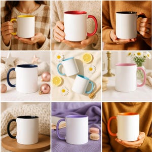 May include: A selection of white ceramic mugs with coloured interiors and handles. The mugs have yellow, red, black, navy blue, light blue, pink, purple, and orange accents. The mugs are shown in different settings.