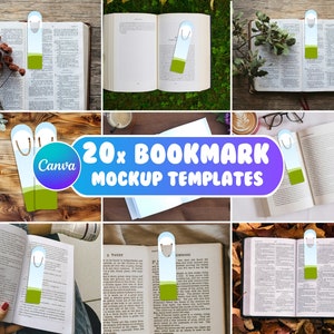 Può includere: 20 modelli di mockup di segnalibri con un design di pecora bianca su sfondo di erba verde. I segnalibri sono visualizzati in varie posizioni su libri aperti, alcuni su una superficie di legno e altri su uno sfondo di foglie autunnali.