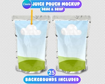 Maqueta de bolsa de jugo de Canva: Plantilla de recuerdo de fiesta con 25 fondos (descarga digital)