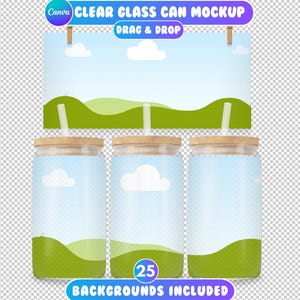 May include: Three clear glass cans with wooden lids and straws. The cans have a blue sky and green grass background. The text "25 BACKGROUNDS INCLUDED" is at the bottom of the image.