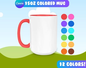15oz Mug Canva Drag and Drop Mockup | Colored Handle Mug Mockup | Add Your Own Background | Mug Canva Template | 12 Colored Mugs Template