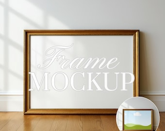 May include: A large, rectangular gold frame mockup with the words "Frame MOCKUP" in white script. The frame is leaning against a white wall on a wooden floor. A smaller framed image is in the lower right corner. The image includes the text "JPG | PNG | PSD".