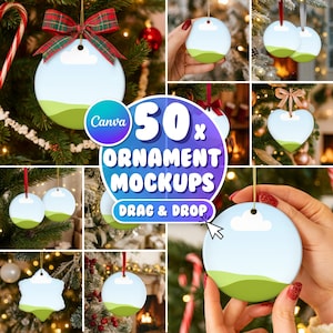 May include: A collage of Christmas ornament mockups. The ornaments are round, heart, and star-shaped, with a blue sky and green landscape design. The image includes text that says "50x Ornament Mockups Drag & Drop".