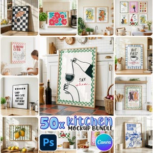 Paquete de 50 maquetas de marcos de cocina: objetos inteligentes PSD y plantillas de arrastrar y soltar de Canva