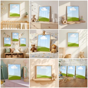 K&ouml;nnte beinhalten: Ein gerahmter Druck mit einem blauen Himmel mit einer wei&szlig;en Wolke &uuml;ber einer gr&uuml;nen Landschaft. Das Kunstwerk wird in verschiedenen Kinderzimmerumgebungen mit Stofftieren gezeigt.