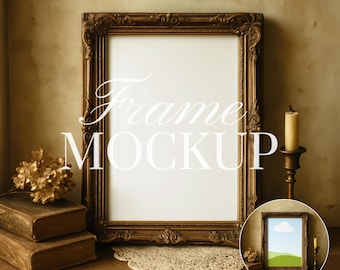 May include: A large, ornate, gold-toned picture frame mockup with the text "Frame Mockup" in white script. The frame sits on a wooden surface with antique books, a candle, and a small framed image. The image includes "JPG | PNG | PSD".