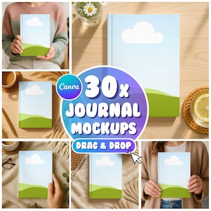 May include: A collection of journal mockups with a light blue cover featuring a white cloud and green landscape design. The image includes the text "30x JOURNAL MOCKUPS" and "DRAG & DROP". The journals are displayed in various settings.