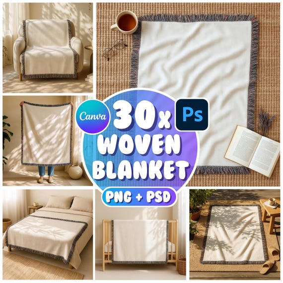 30 Woven Blanket Mockups Bundle, Photoshop Woven Blanket Mockups, Printify Woven Blanket Mockup, Throw Blanket Mockup, Blanket Mockup