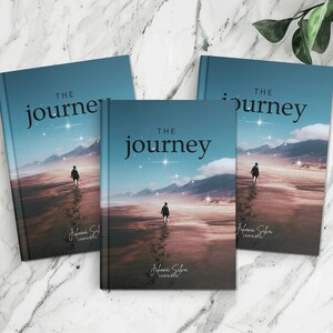 Op de afbeelding: Drie blauwe hardcover boeken met de titel "THE JOURNEY" in zwarte tekst. Elk boek toont een ander beeld van een persoon die op een strand loopt met een sterrenhemel op de achtergrond.