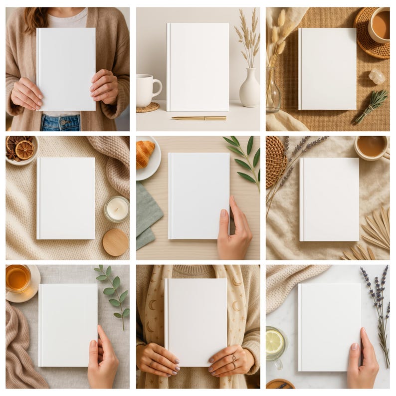 May include: A collection of nine images showcasing a blank white book in various settings. The book is held by hands or placed on surfaces with decorative elements like plants, food, and coffee cups. The book's cover is plain, offering space for customization.
