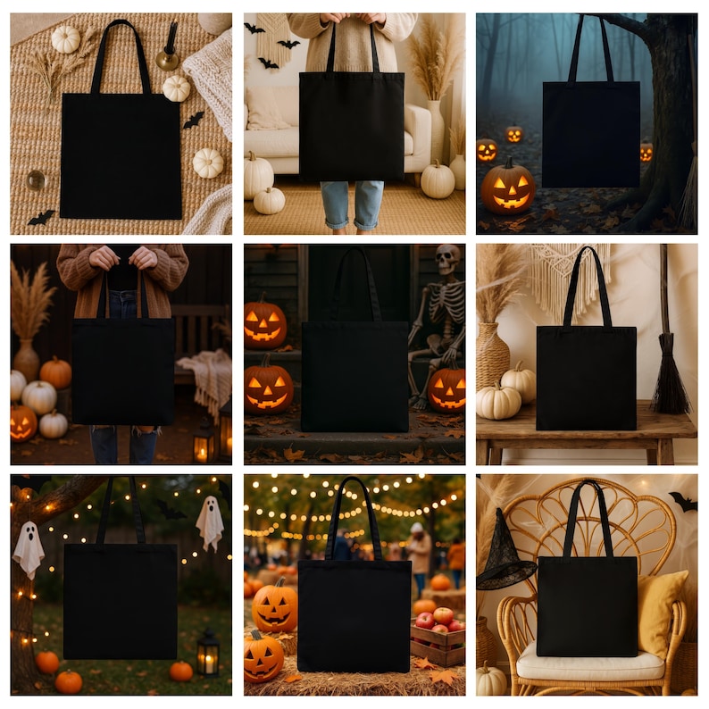 Op de afbeelding: Negen zwarte draagtassen met een rechthoekige vorm en lange handvatten. De tassen worden getoond in verschillende Halloween-omgevingen, met pompoenen en enge decoraties. De tassen zijn gemaakt van een effen zwart materiaal.