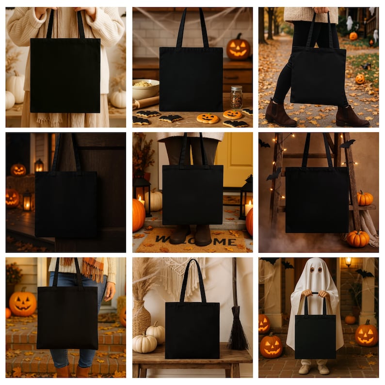 Op de afbeelding: Een verzameling zwarte draagtassen, perfect voor Halloween. De tassen worden in verschillende omgevingen getoond met pompoenen, kalebassen en feestelijke decoraties. De tassen worden door mensen in verschillende outfits vastgehouden.