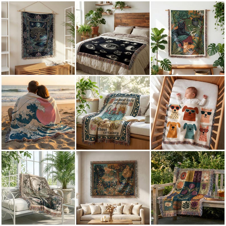 50 Woven Blanket Mockups: Printify Woven Blanket Mockup, Tapestry Blanket Mockup, PSD & Canva Templates image 4