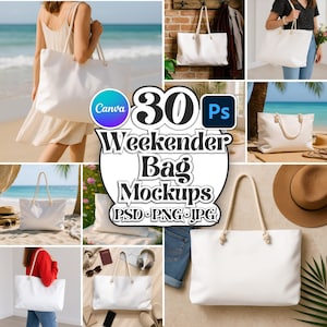 Könnte beinhalten: Eine Sammlung weißer Weekender-Taschen-Mockups. Die Taschen haben Seilgriffe und werden in verschiedenen Umgebungen gezeigt, darunter ein Strand und eine häusliche Umgebung. Der Text "30 Weekender Bag Mockups" und "PSD PNG JPG" ist enthalten.