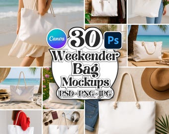30 maquetas de bolsas de fin de semana de Printify, maquetas de objetos inteligentes de Photoshop, plantillas de arrastrar y soltar de Canva, archivos JPG, PNG y PSD